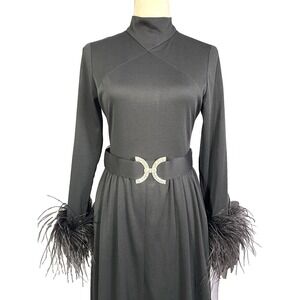 Vintage Black Feather Cuff Maxi Dress Mock Neck Rhinestone Belt Gown Formal